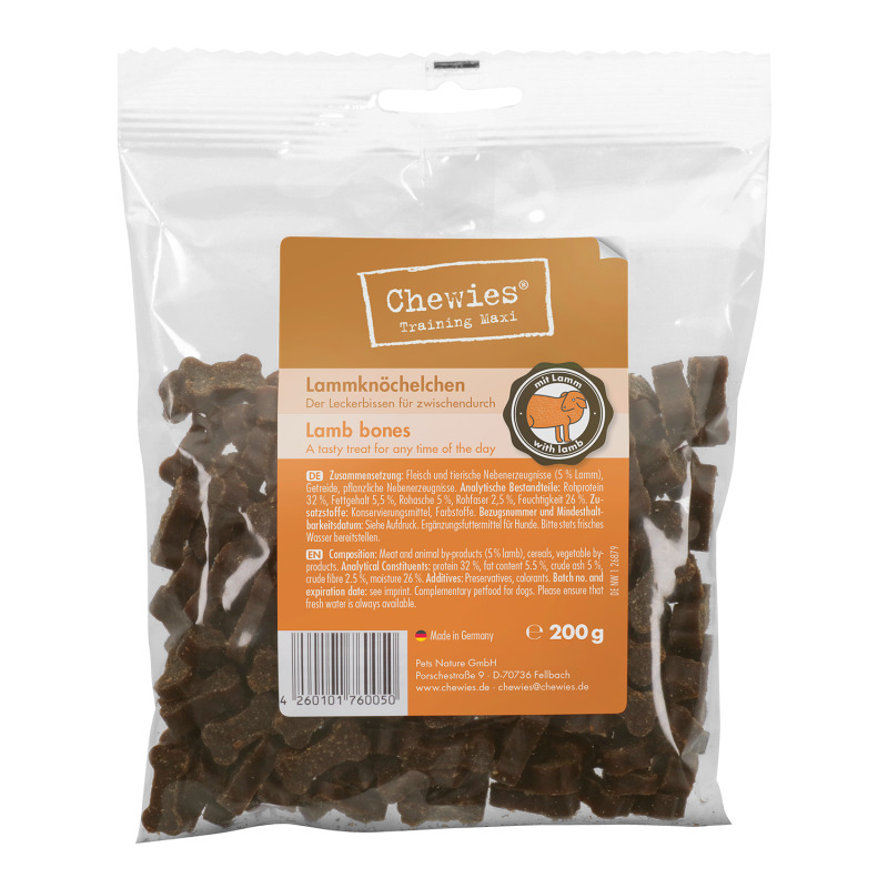Chewies Training Maxi Lammknöchelchen, Ergänzungsfuttermittel für Hunde, Lamm, 200 g, orangefarbenes Etikett.