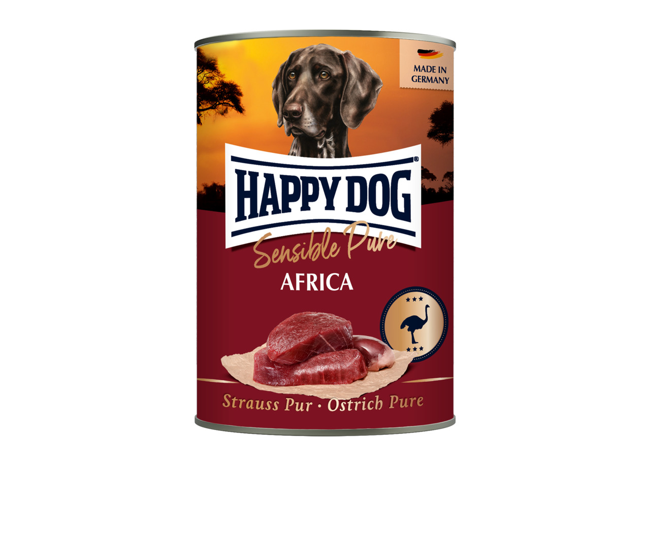 HAPPY DOG Sensible Pure Africa Nassfutter f. ernährungssensible Hunde, Geschm.: Strauß pur, 100% Made in Germany.