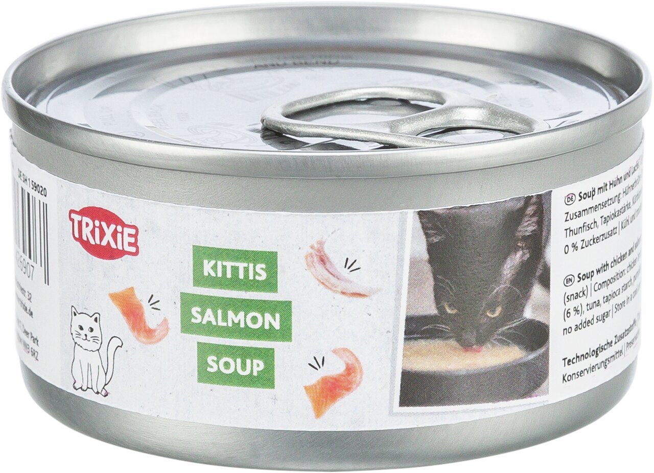 Dose TRIXIE Kittis Salmon Soup für Katzen, Geschmacksrichtung Lachs, 40 g, ohne Zuckerzusatz, ideal als Snack.