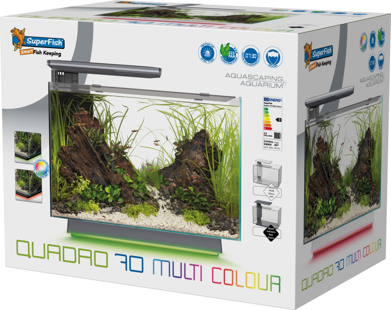 SuperFish Quadro 70 Multi Colour: Aquarium für Aquascaping, LED-Beleuchtung mit Farbwechsel, ideal für Süßwasserfische.