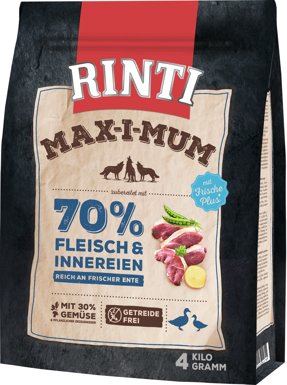 RINTI Max-i-mum Hundefutter, frische Ente, 70 % Fleisch & Innereien, 30 % Gemüse, getreidefrei, 4 kg, natürliche Zusammensetzung.