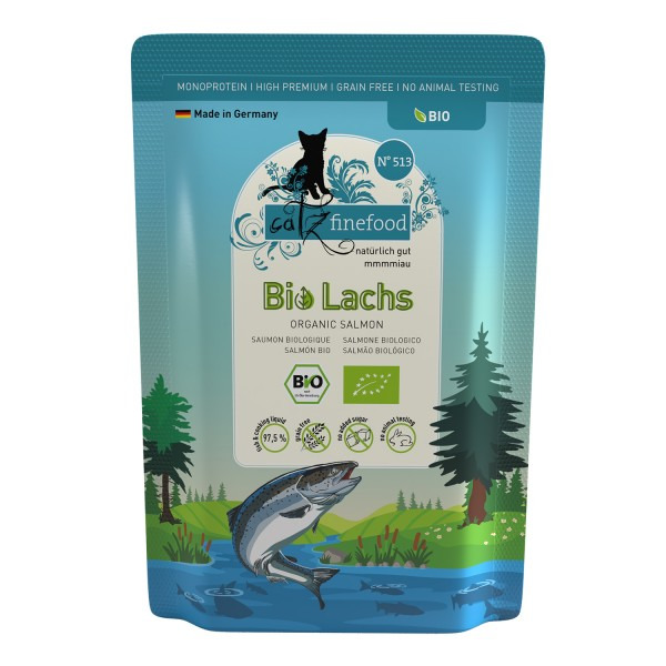 Catz finefood Bio Lachs: Bio-Nassfutter f. Katzen, Geschm. Lachs, 85 g, Monoprotein, getreidefrei, ohne Tierversuche, aus Deutschland.