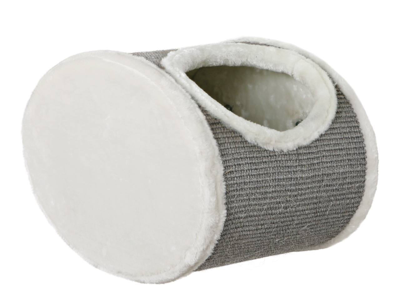 TRIXIE Kratzbaum-Tunnel für Katzen, oval, graue Sisal-Oberfläche, weiße Plüschränder, ideal zum Spielen, Verstecken, Krallenwetzen.