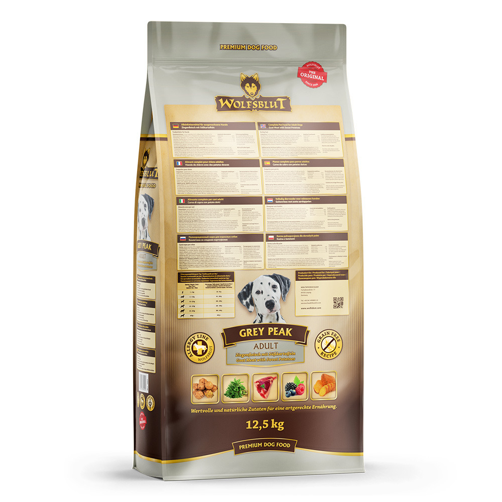 Wolfsblut Grey Peak Adult, 12,5 kg, Premium-Trockenfutter f. ausgew. Hunde, Ziege & Süßkartoffel, nat. Zutaten, getreidefrei.