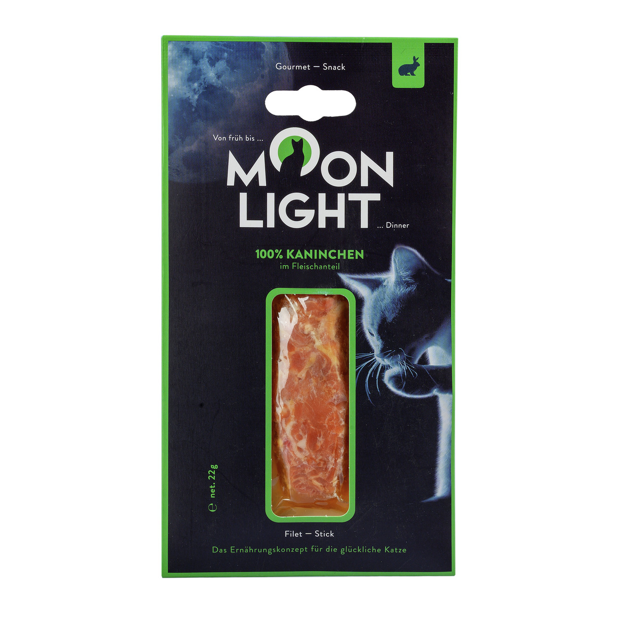 Das Bild zeigt die Verpackung des Katzenfutters „Moonlight Dinner“ der Marke Moonlight. Es handelt sich um einen Gourmet-Snack für Katzen mit 100 % Kaninchen im Fleischanteil. Die Verpackung enthält einen Filet-Stick mit einem Gewicht von 22 g. Der Slogan