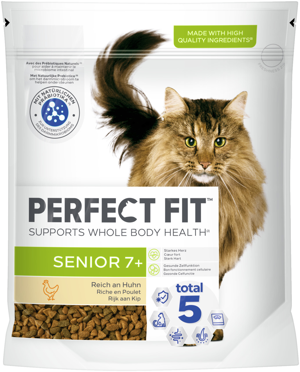 Perfect Fit Senior 7+, Katzenfutter für ältere Katzen (ab 7 J.), Huhn, mit „Total 5“-Formel für Herz-, Zell- & Verdauungsgesundheit.
