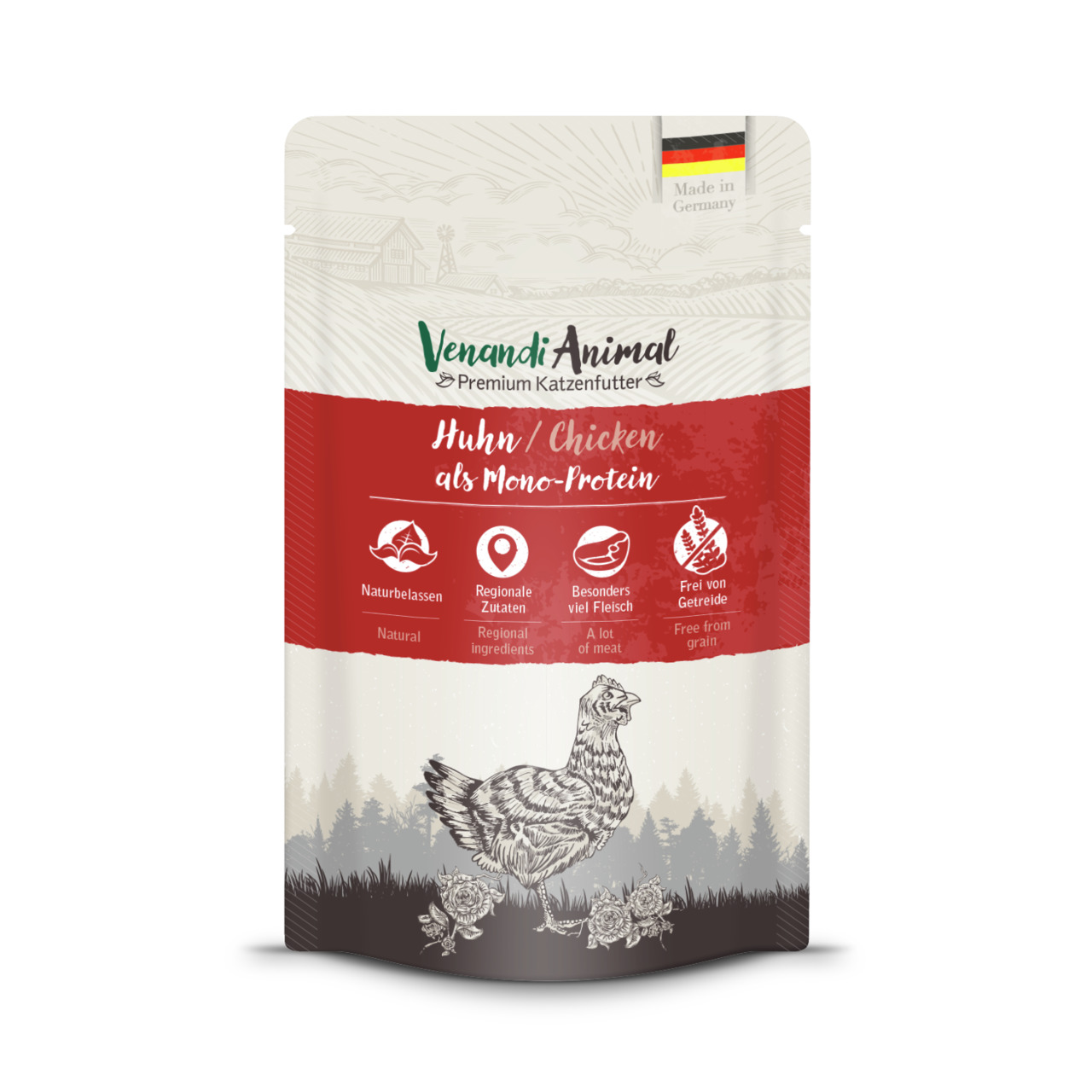 Das Bild zeigt eine Verpackung des Premium-Katzenfutters von Venandi Animal mit der Geschmacksrichtung Huhn als Mono-Protein. Die Zielgruppe sind Katzen. Das Produkt ist naturbelassen, enthält regionale Zutaten, besonders viel Fleisch und ist frei von Get