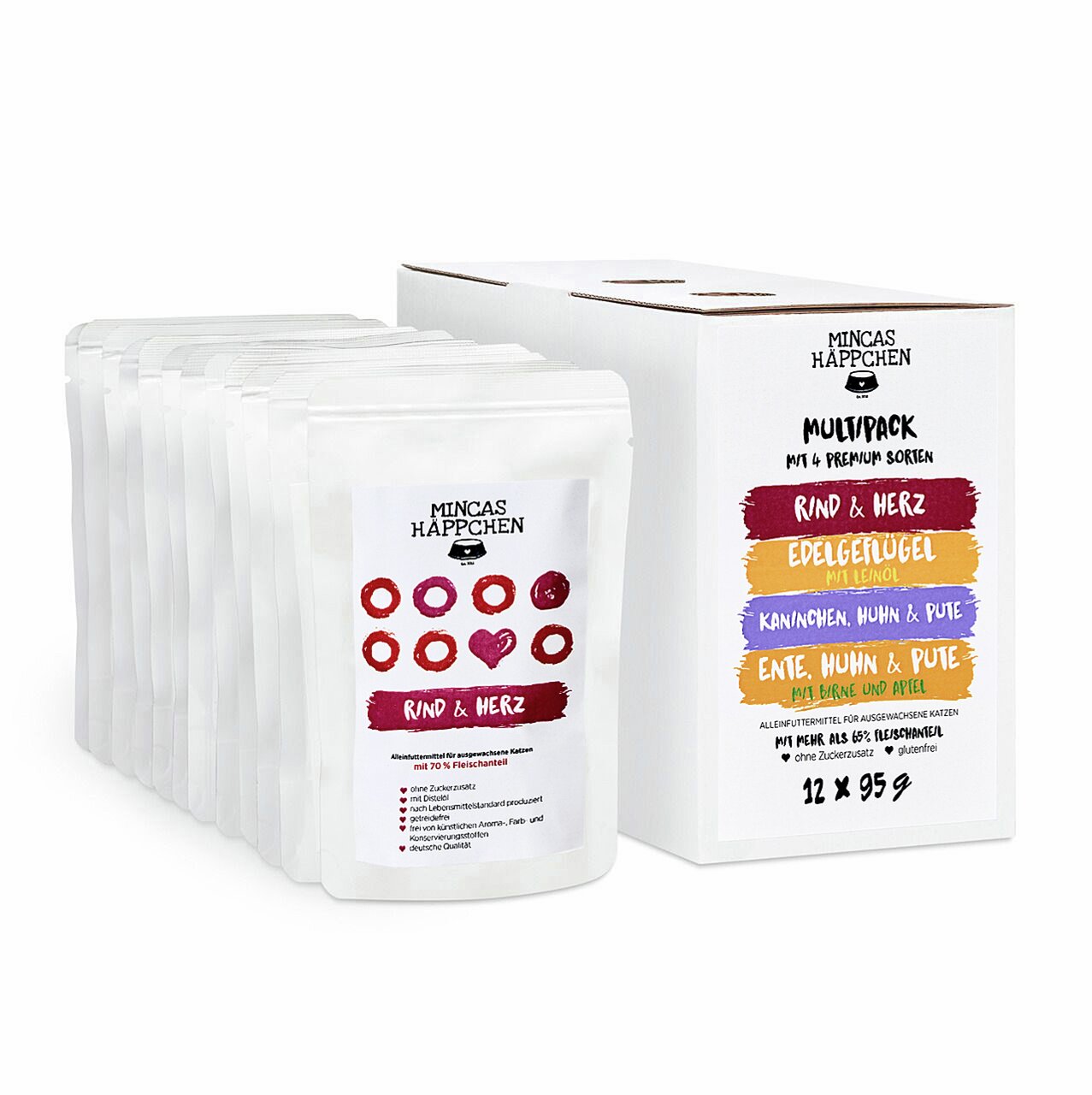 Das Bild zeigt das Produkt "Mincas Häppchen Multipack" für ausgewachsene Katzen. Es enthält 12 Beutel à 95 g in vier Geschmacksrichtungen: Rind & Herz, Edelgeflügel mit Leinöl, Kaninchen, Huhn & Pute sowie Ente, Huhn & Pute mit Birne und Apfel. Die Verpac