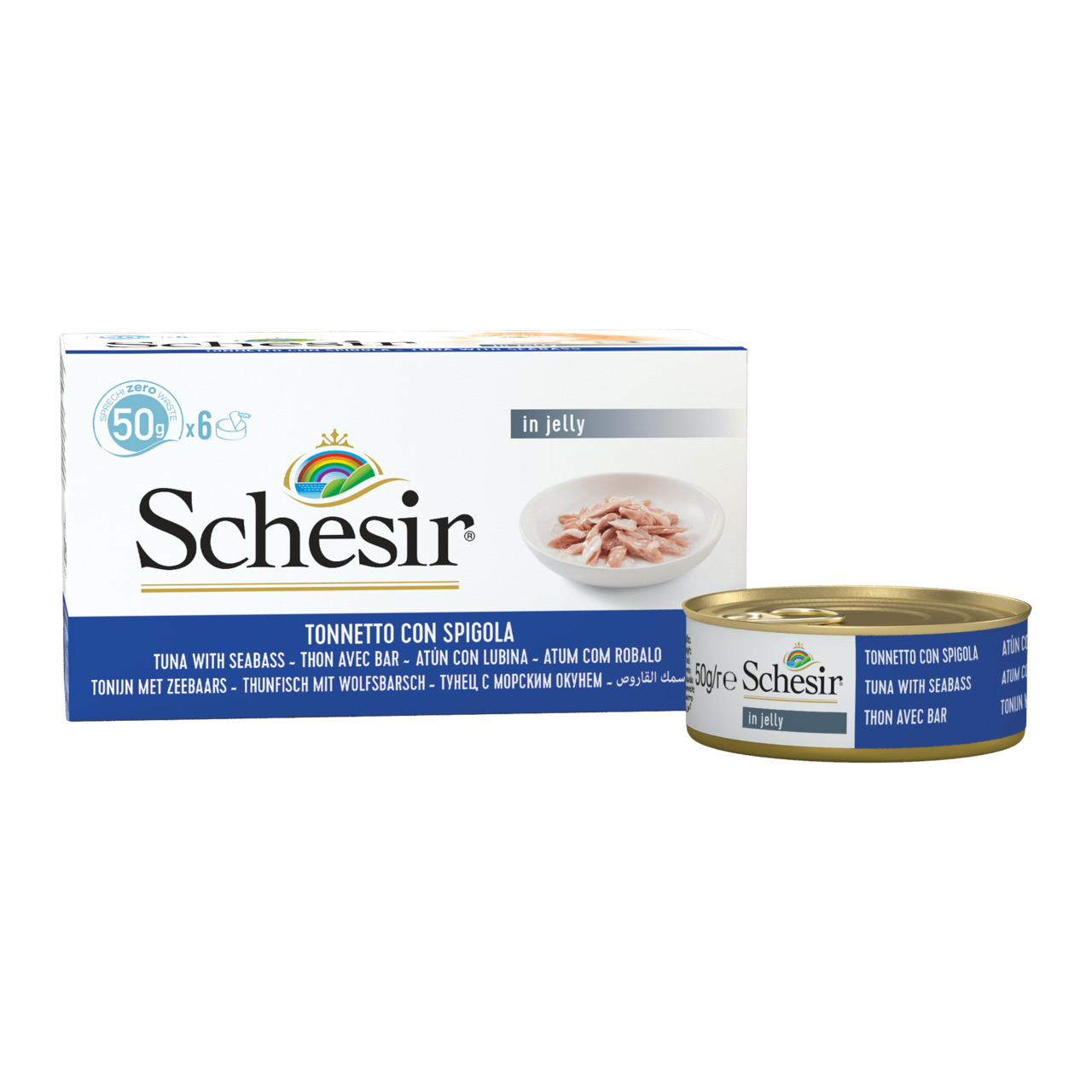Schesir Thunfisch+Wolfsbarsch in Gelee, Katzenfutter, 6x50g, natürliche Zutaten, hohe Qualität, gesunde Ernährung.