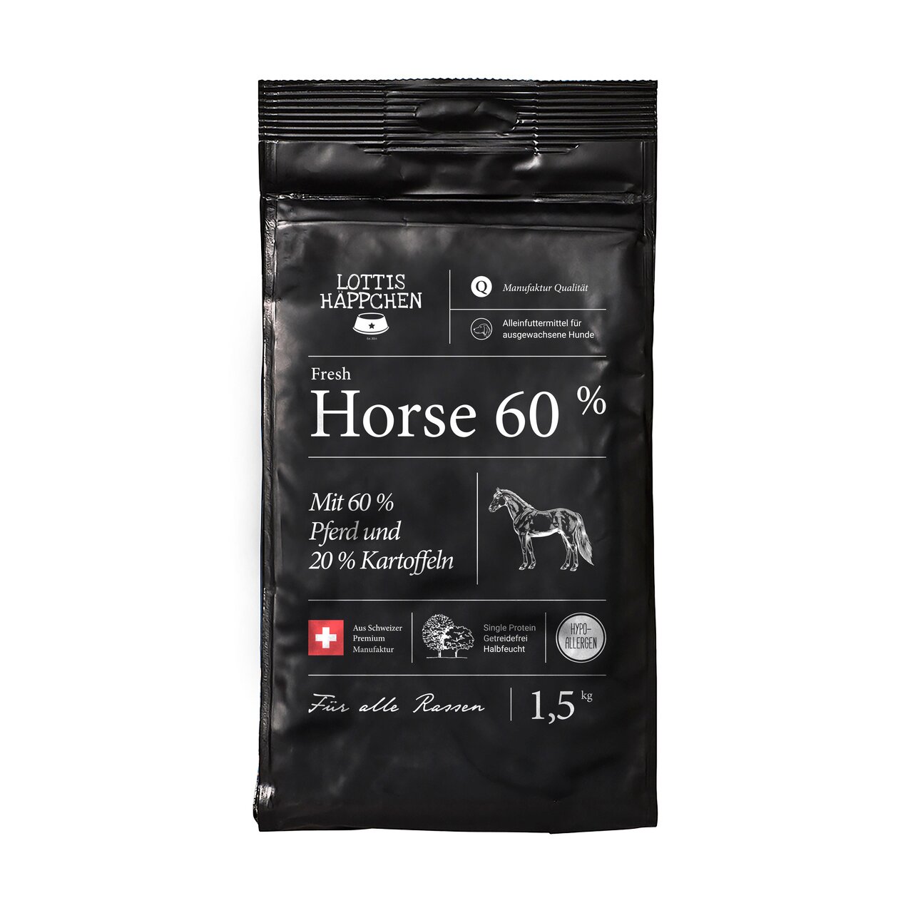 LOTTIS HÄPPCHEN Hundefutter für alle Rassen, Geschmacksrichtung Pferd, 1,5 kg, mit 60 % Pferd und 20 % Kartoffeln, hypoallergen.