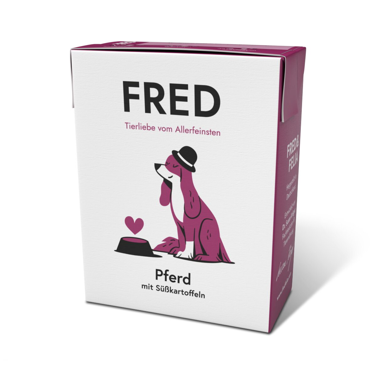 FRED Hundenassfutter Pferd mit Süßkartoffeln für Hunde, Tierliebe vom Allerfeinsten, Faltschachtel mit Hundemotiv.