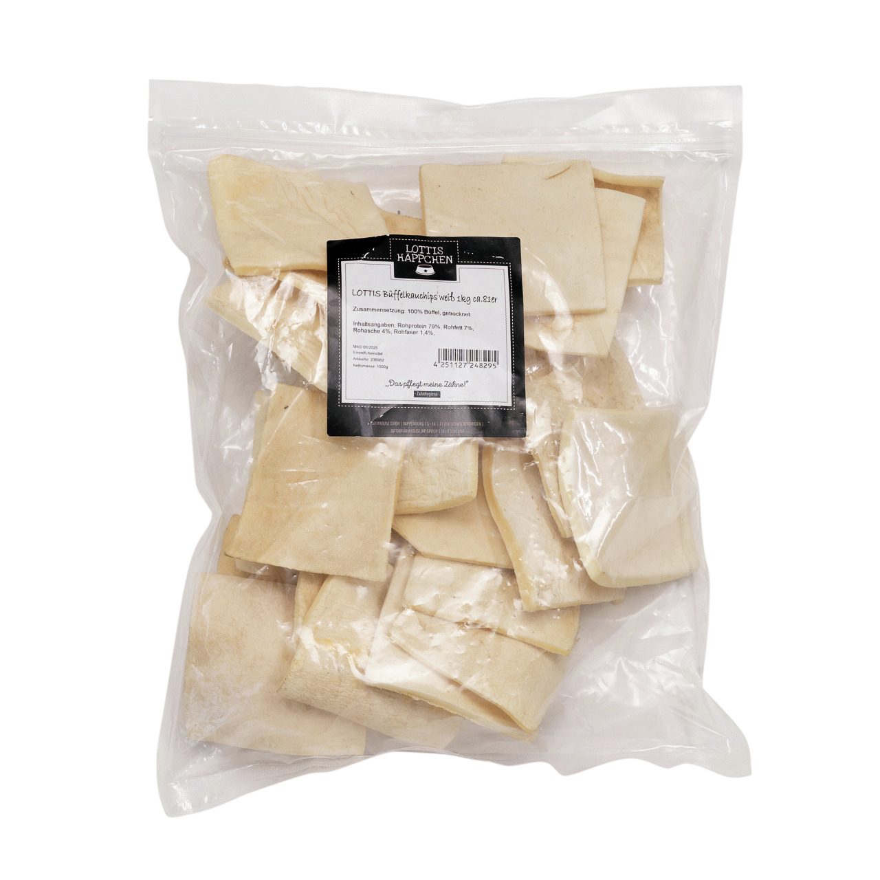 Das Bild zeigt eine transparente Kunststoffverpackung mit dem Produkt „LOTTIS HÄPPCHEN Kaustreifen weiß“. Die Zielgruppe sind Hunde, und das Produkt besteht aus 100 % Rinderhaut. Die Verpackung enthält 1 kg Kaustreifen, die als natürlicher Kausnack dienen