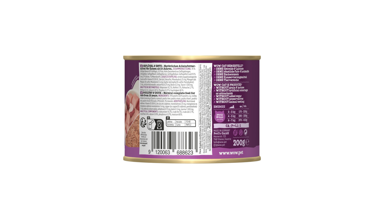 WOW CAT Katzenfutter, Marke WOW, 200g, Alleinfutter, ohne Getreide, Zuckerzusatz & künstl. Zusätze, Geschmacksr. nicht erkennbar.
