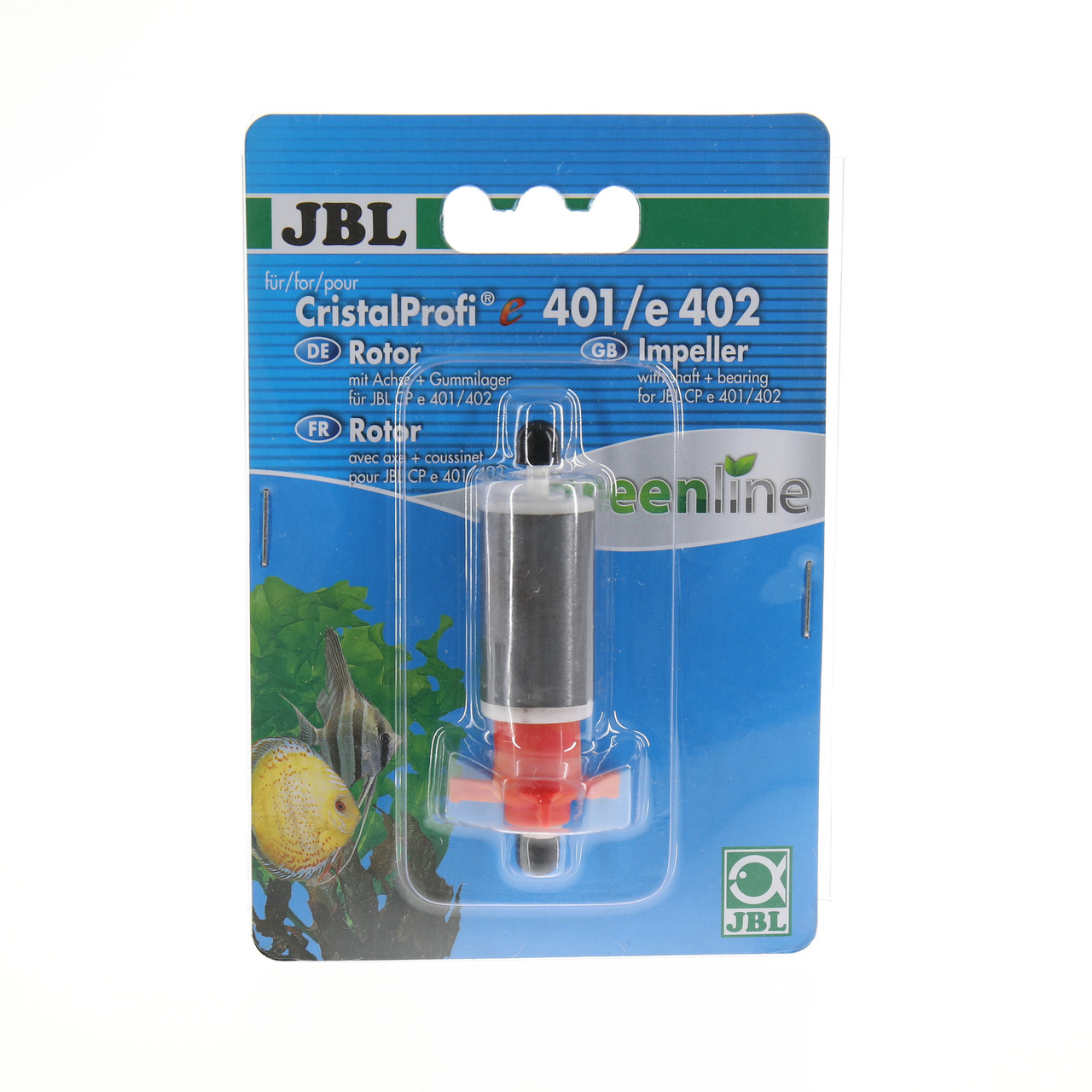 JBL CristalProfi e 401/402 Rotor, Ersatzrotor mit Achse & Gummilager, für Außenfilter, blau-grüne Verpackung, Aquarienmotiv.