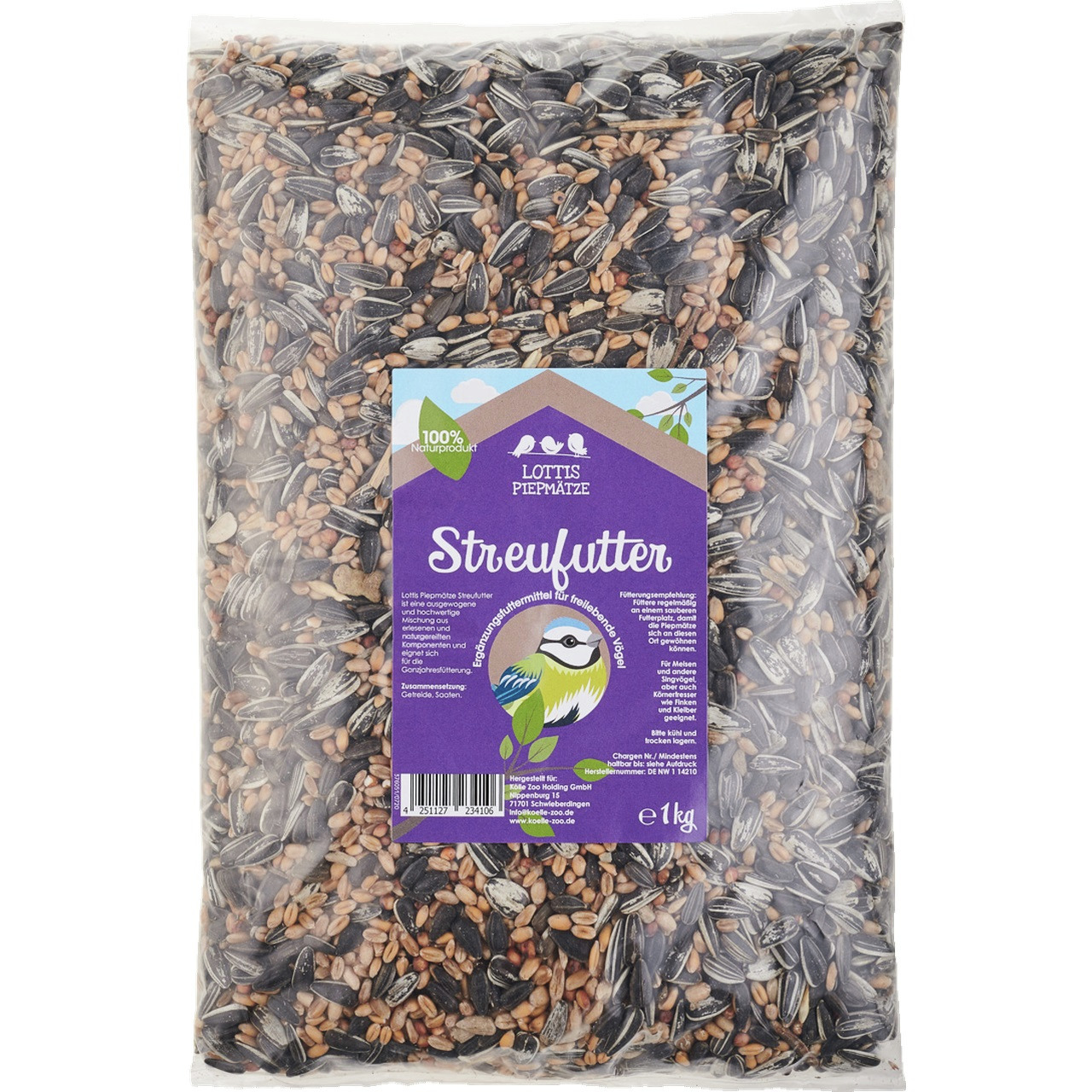 Das Bild zeigt eine 1-kg-Packung „Lottis Piepmätze Streufutter“, ein hochwertiges Vogelfutter für freilebende Vögel. Die Verpackung ist transparent und enthält eine Mischung aus Sonnenblumenkernen, Getreide und Saaten. Auf dem lila Etikett sind die Marke,