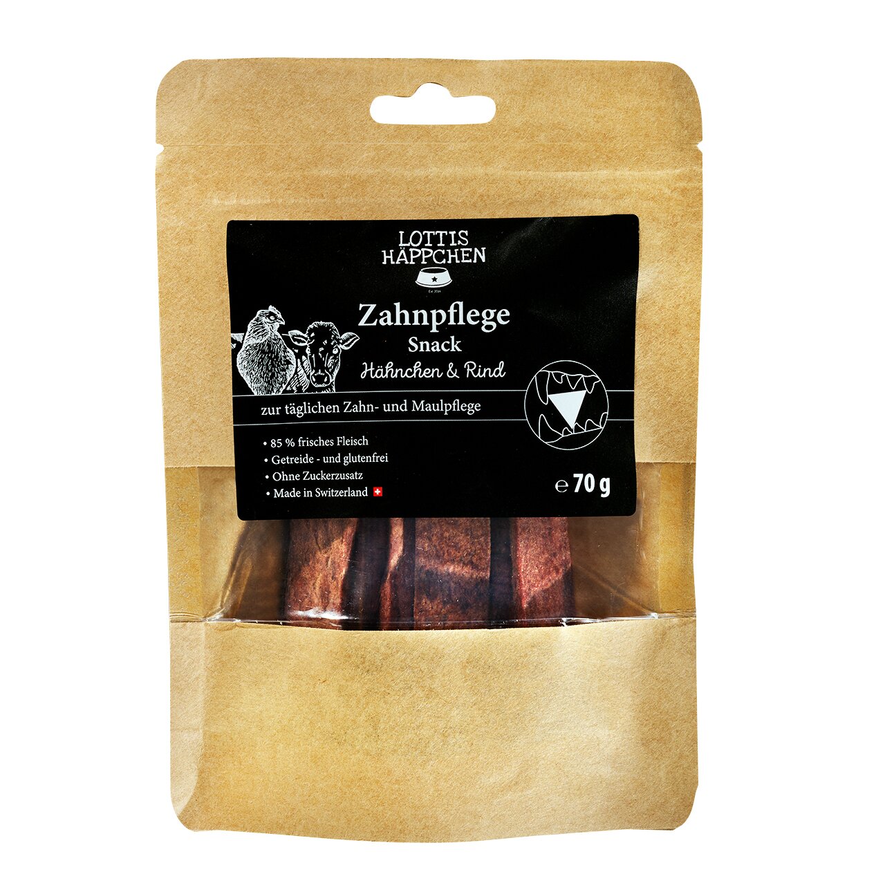 LOTTIS HÄPPCHEN Zahnpflege-Snack für Hunde, Hähnchen & Rind, getreidefrei, ohne Zuckerzusatz, 70g Packung. Made in Switzerland.