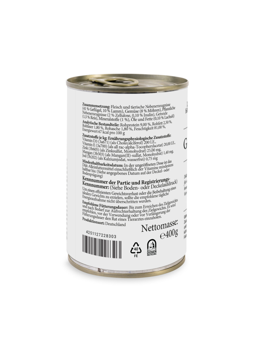 Das Bild zeigt eine Dose des Tierfutterprodukts „Lottis Häppchen“ mit der EAN 4251127228303. Es handelt sich um ein Nassfutter für Hunde. Die Geschmacksrichtung ist Geflügel und Lamm, ergänzt durch Gemüse wie Möhren. Die Nettomasse beträgt 400 g. Die Verp
