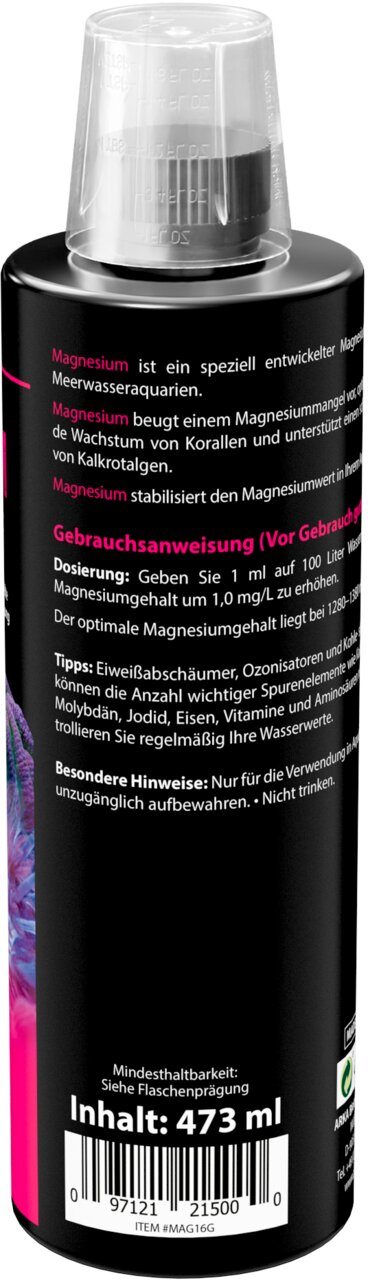 ARKA Magnesium für Meerwasseraquarien, für Korallen, erhöht Magnesiumgehalt, unterstützt Wachstum, Inhalt 473 ml.