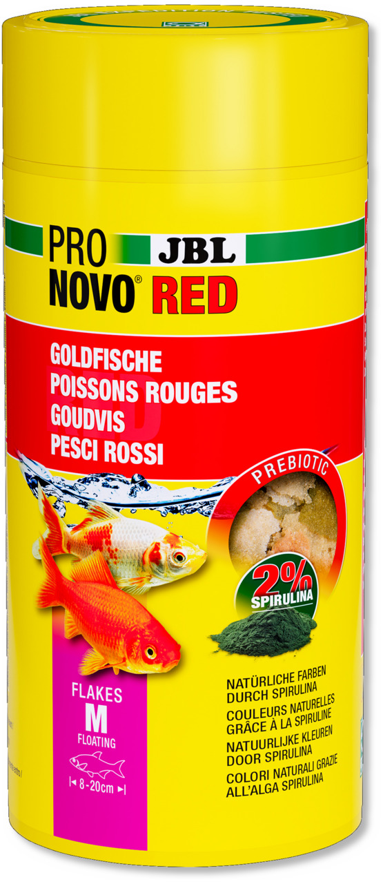 JBL ProNovo Red, Goldfische 8-20 cm, 250 ml, 20 % Spirulina, schwimmende Flocken, fördert Gesundheit, Vitalität, natürliche Farben.