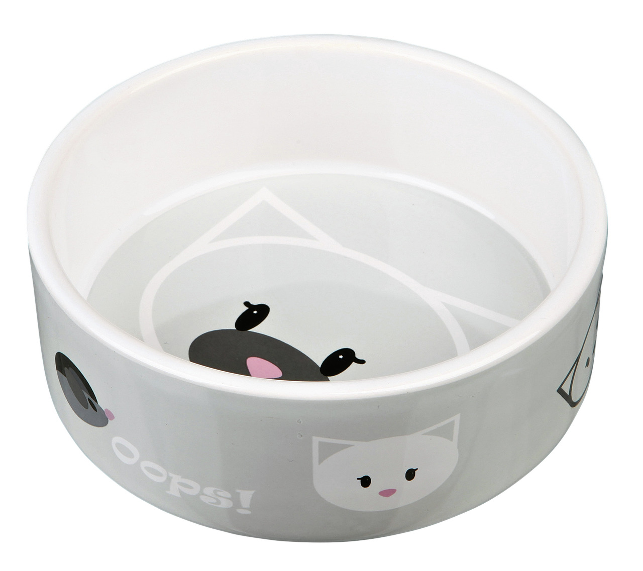 Keramiknapf von TRIXIE mit niedlichem Katzendesign, ideal für Katzen als Futter- oder Wassernapf. Der Napf zeigt verschiedene Katzenmotive und den Schriftzug „Oops!“. Hergestellt aus robustem Keramikmaterial, leicht zu reinigen und rutschfest. Perfekt für