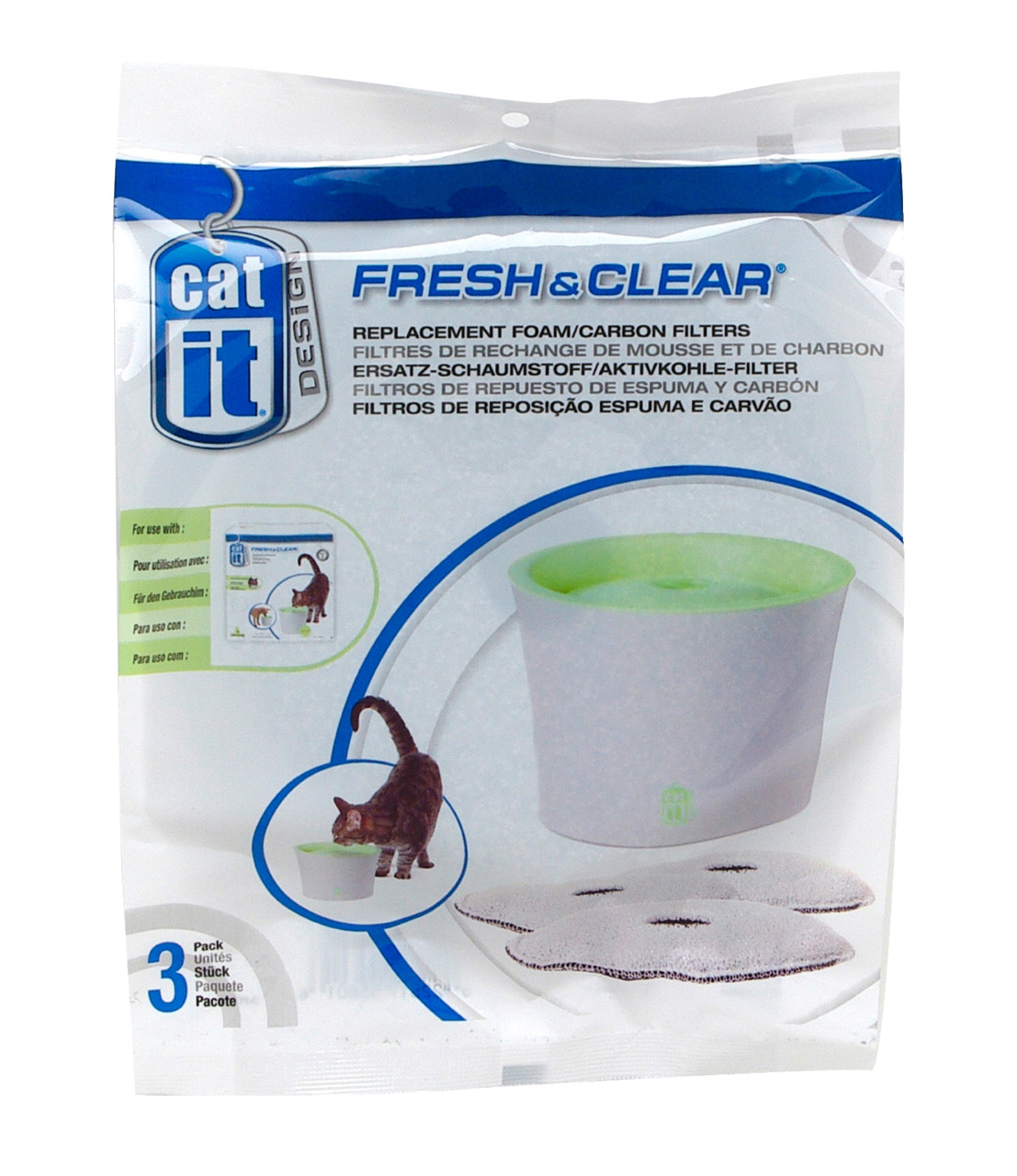 Catit Fresh & Clear Filter f. Katzen-Trinkbrunnen, 3 Stk., sauberes/frisches Wasser, Ersatz-Schaumstoff-/Aktivkohle-Filter.