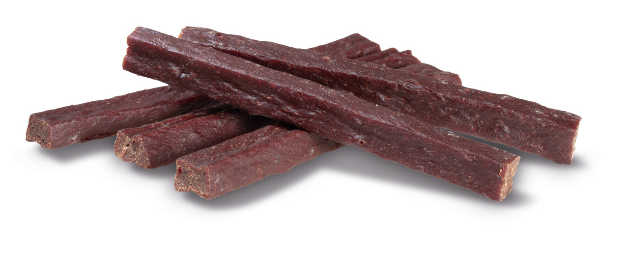 PREMIERE Snack-Sticks für Hunde, Rind, ca. 6 Sticks, Belohnung/Snack, aus getrocknetem Fleisch, länglich, dunkelbraun.