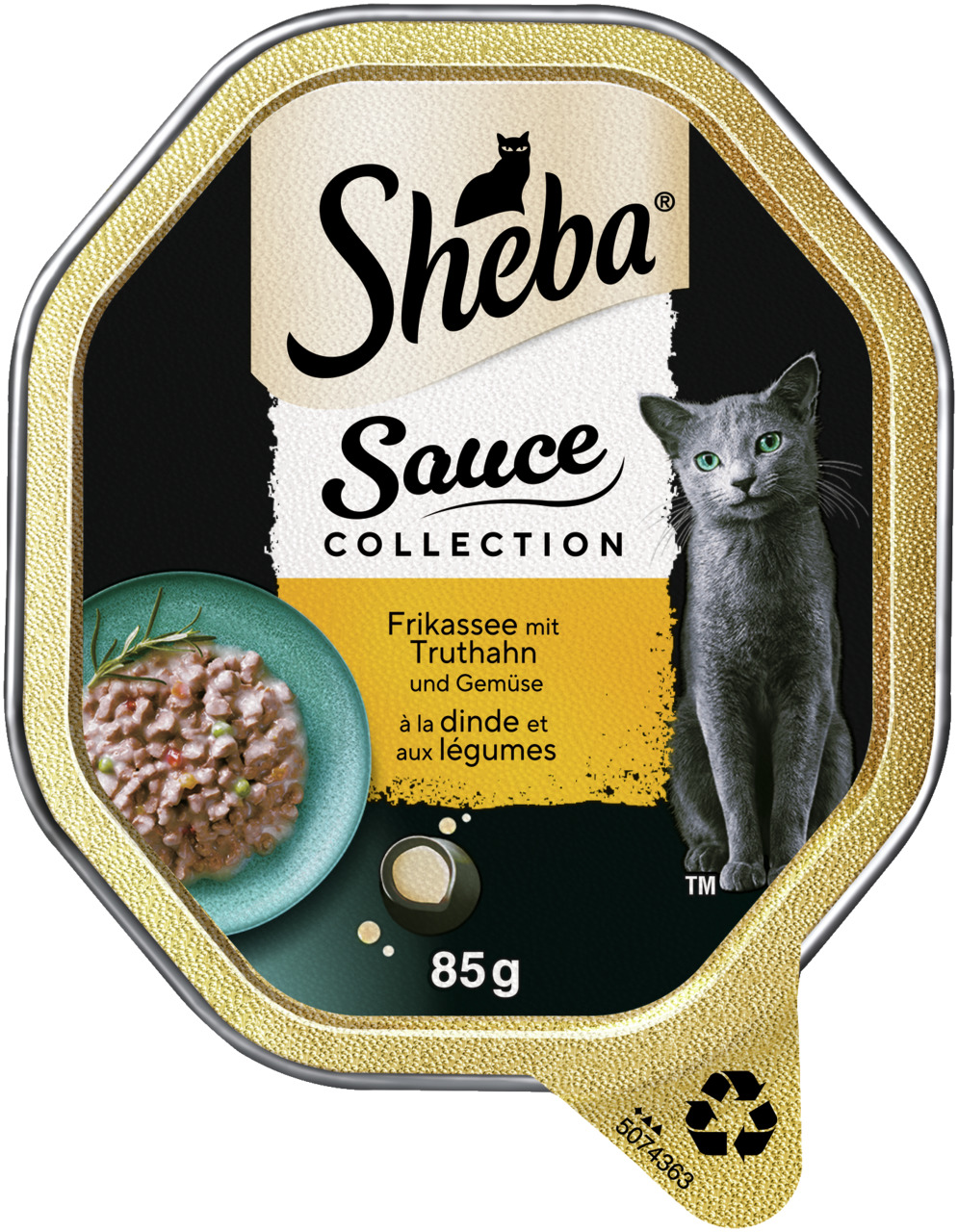 Sheba Sauce Collection, Frikassee mit Truthahn & Gemüse, für Katzen, 85 g, eleganter Katzendruck, Futterabbildung in Schale.