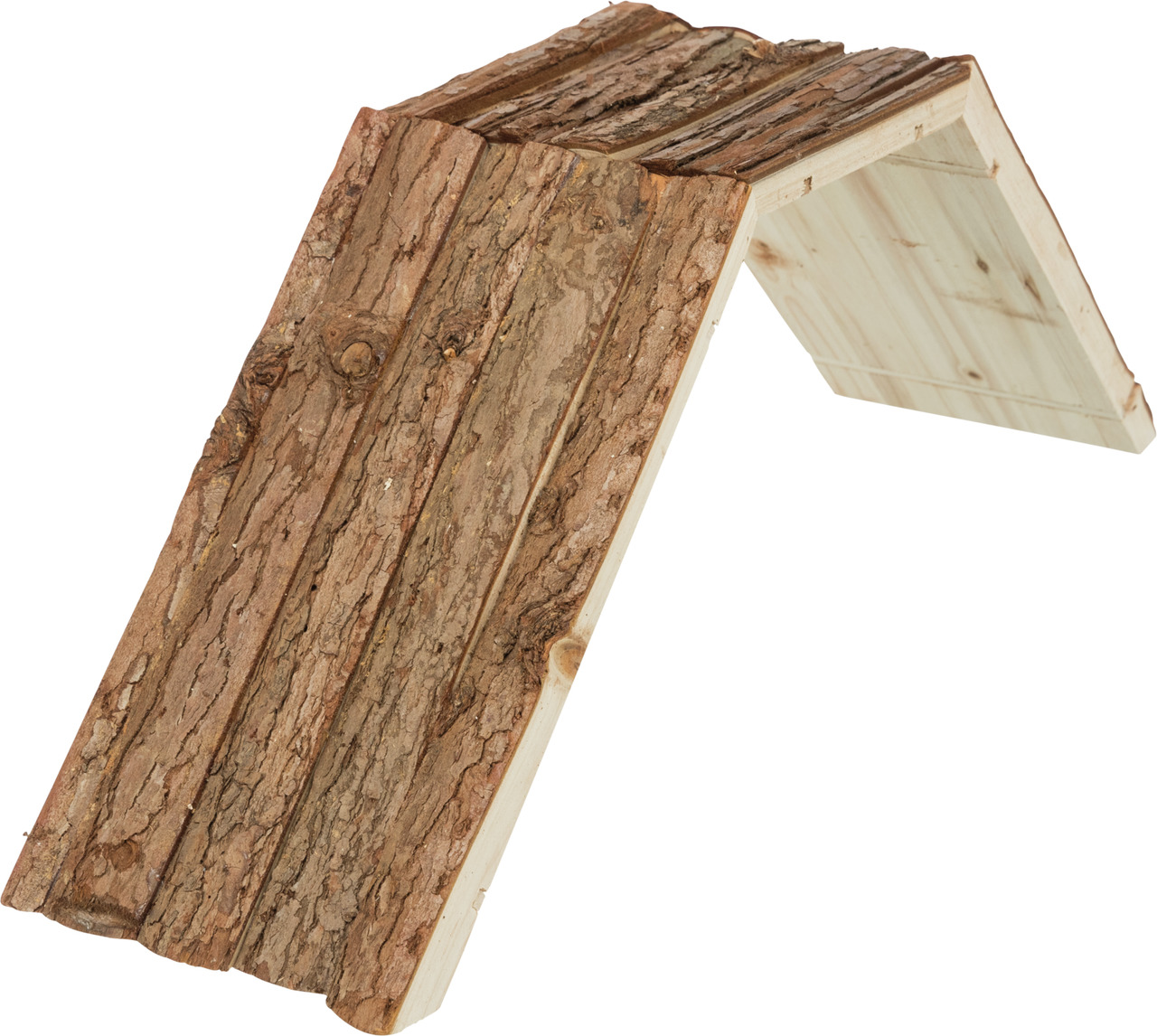 Holzbrücke von TRIXIE für Kleintiere, geeignet für Nager wie Hamster oder Meerschweinchen. Die Brücke besteht aus unbehandeltem Naturholz mit Rindenoberfläche und bietet eine natürliche Kletter- und Versteckmöglichkeit. Maße und Details sind auf dem Bild 