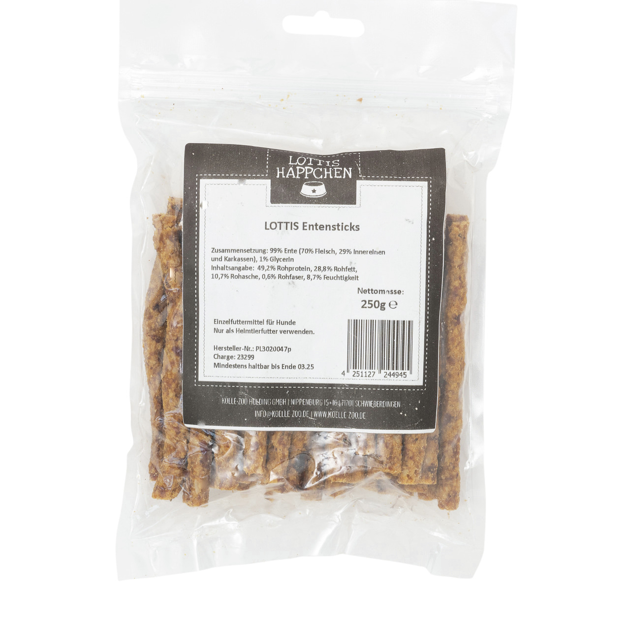 LOTTIS HÄPPCHEN Entensticks, Einzelfuttermittel für Hunde, 99 % Ente (70 % Fleisch, 29 % Innereien), 1 % Glycerin, 250 g.
