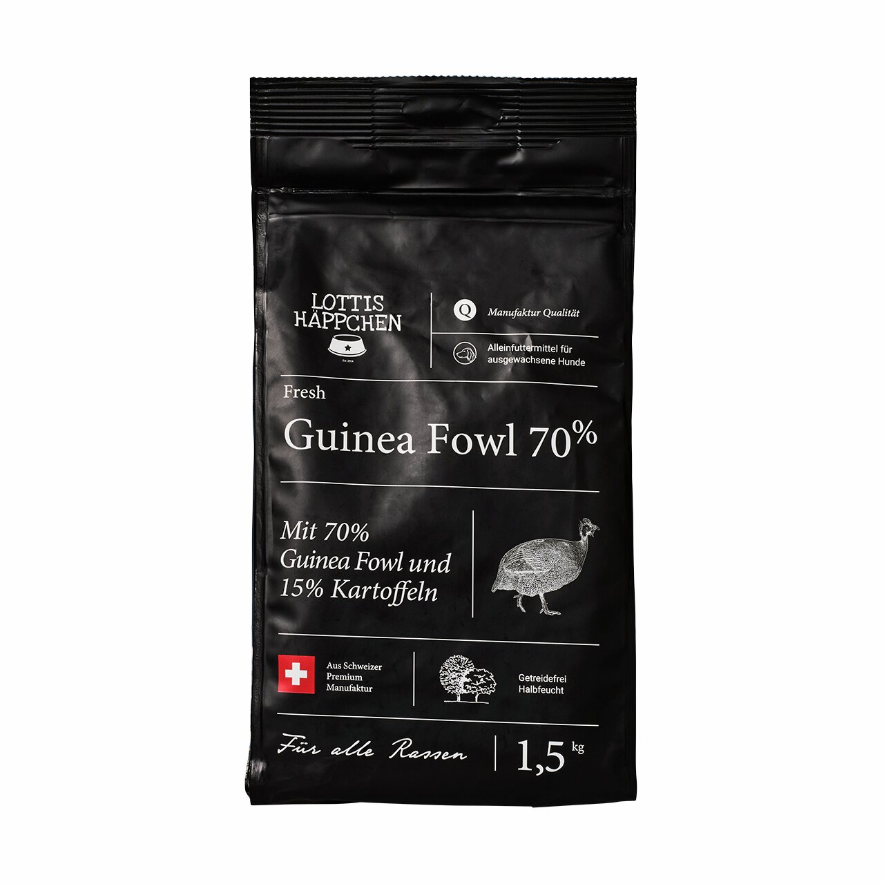 Lottis Häppchen Fresh Guinea Fowl 70%: Alleinfutter f. Hunde, 70% Perlhuhn, 15% Kartoffeln, getreidefrei, halbfeucht, 1,5 kg.