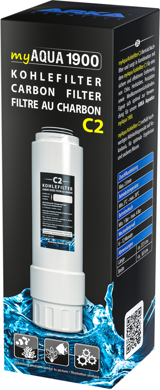 ARKA myAqua 1900 Kohlefilter C2, für Aquarienbesitzer, entfernt Chlor & Pestizide, 27,5x8 cm, hohe Filterleistung.