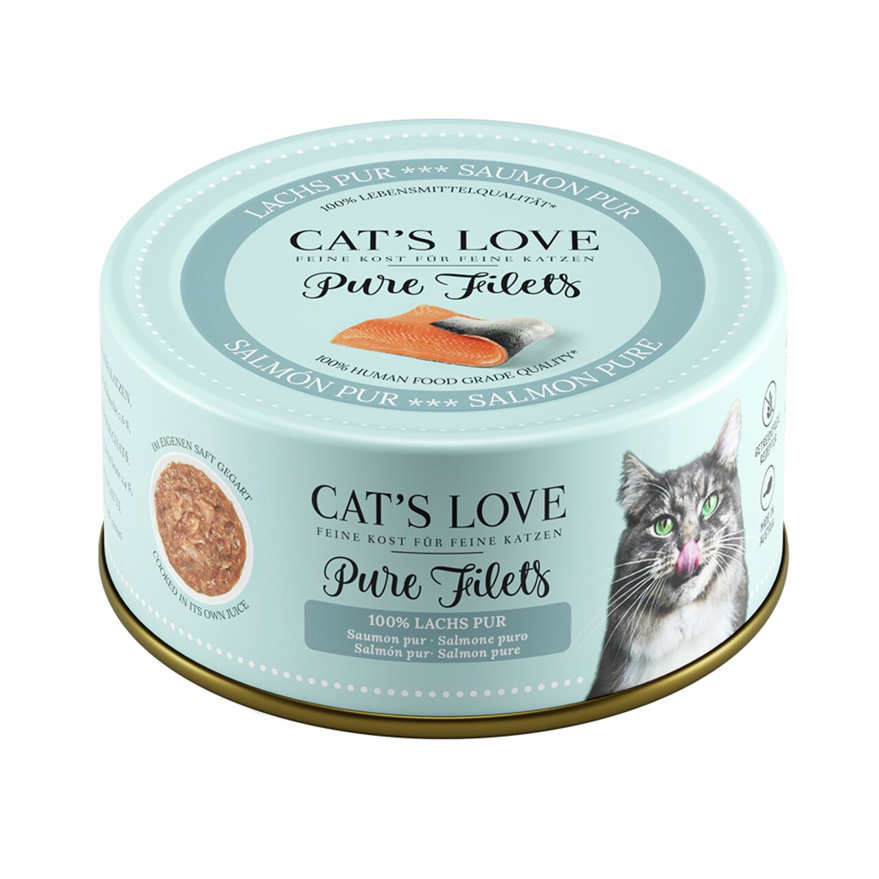 Cat's Love Pure Filets 100 % Lachs pur, Nassfutter für Katzen. 85 g Dose, hochwertige Zutaten in Lebensmittelqualität.
