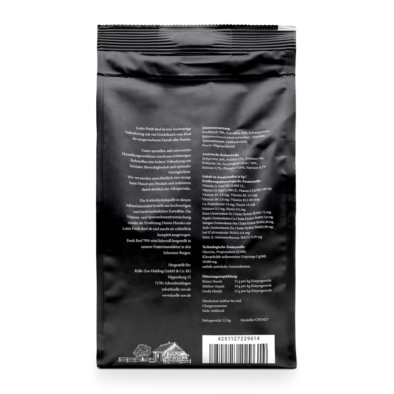 Das Bild zeigt eine schwarze Verpackung des Hundefutters „Lottis Häppchen Fresh Beef“ der Marke Lottis Häppchen. Es handelt sich um ein hochwertiges Alleinfuttermittel für Hunde, speziell für ausgewachsene Tiere. Die Geschmacksrichtung ist Rind. Die Verpa