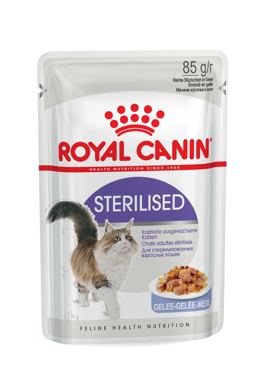 ROYAL CANIN Sterilised, Katzenfutter f. kastrierte Katzen, kleine Stückchen in Gelee, 85 g, ausgewogene Ernährung, gesundheitsfördernd.