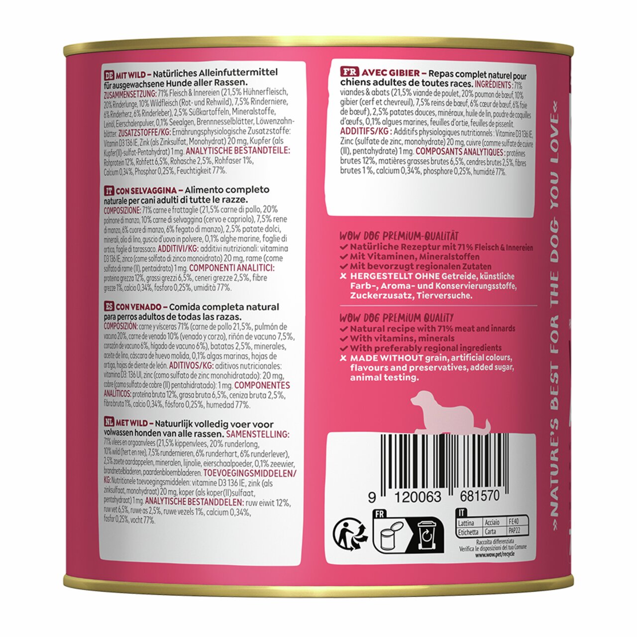 Nassfutter WOW DOG Wild für ausgewachsene Hunde, getreidefrei, 400 g, natürliche Rezeptur mit 71 % Fleisch und Innereien.