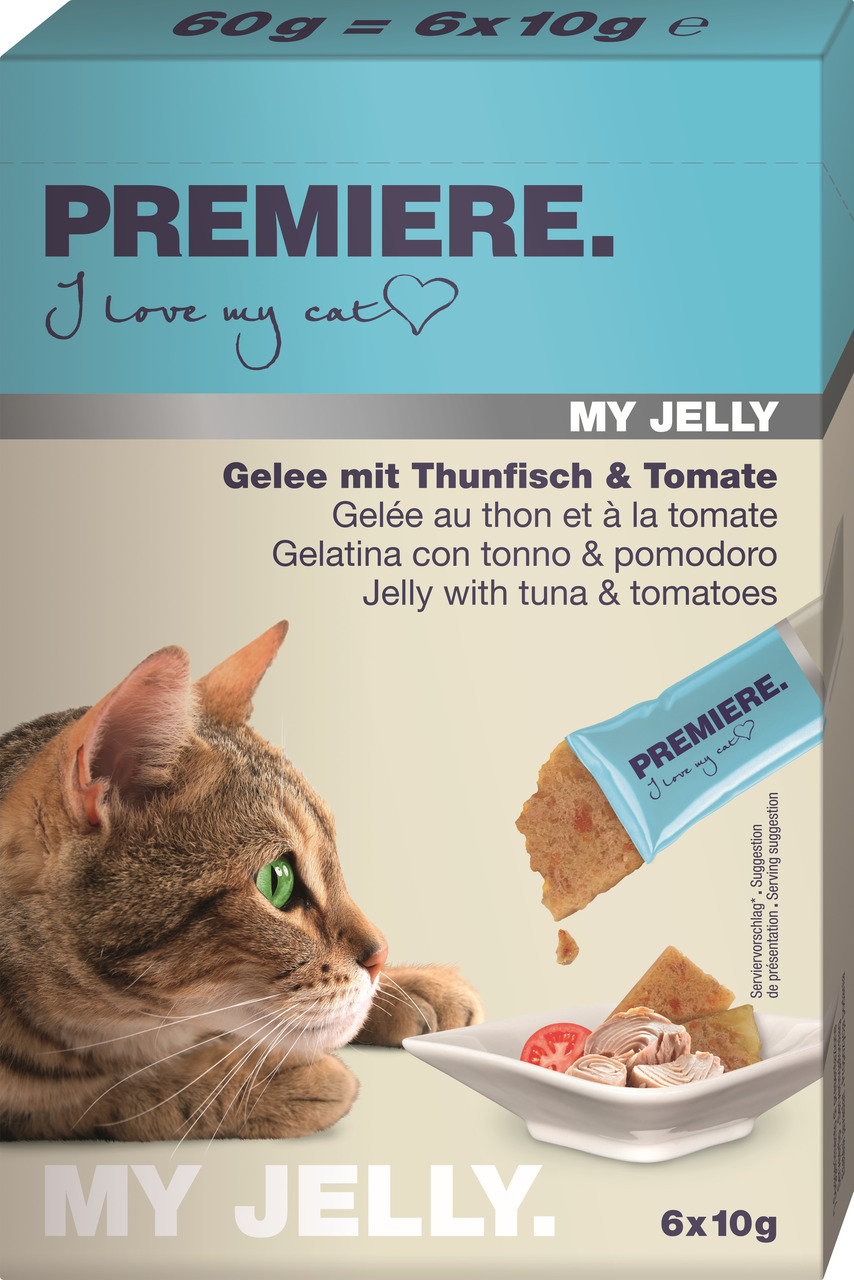 PREMIERE My Jelly Katzenfutter, Thunfisch & Tomate, 6x10g (60g), für Katzen, neugieriger Kater auf Verpackung, Gelee im Portionsbeutel.