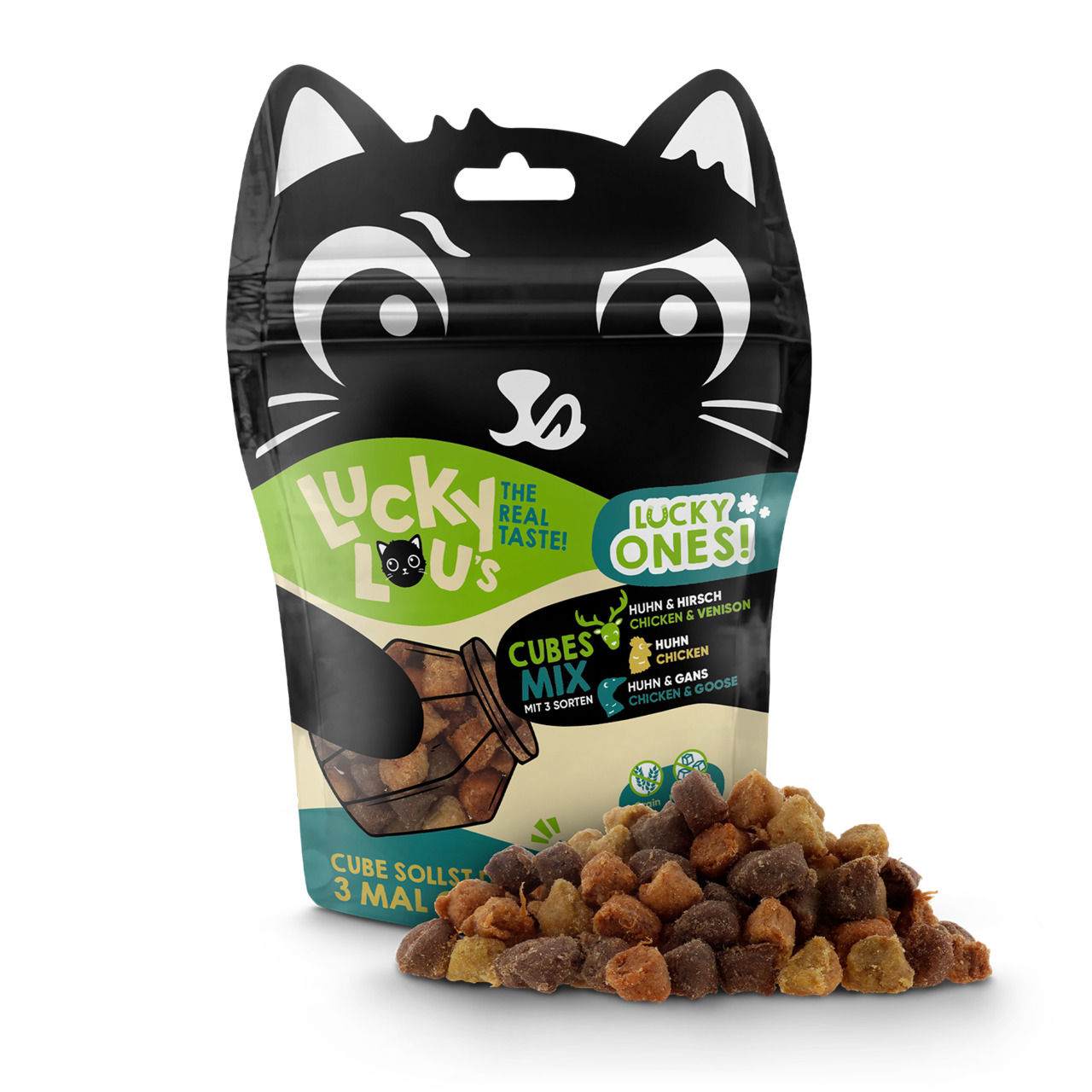 Lucky Lou's Cubes Mix: Premium-Katzensnack für ausgewachsene Katzen, Huhn, Huhn & Hirsch, Huhn & Gans, 3 Sorten, 3 Mal.