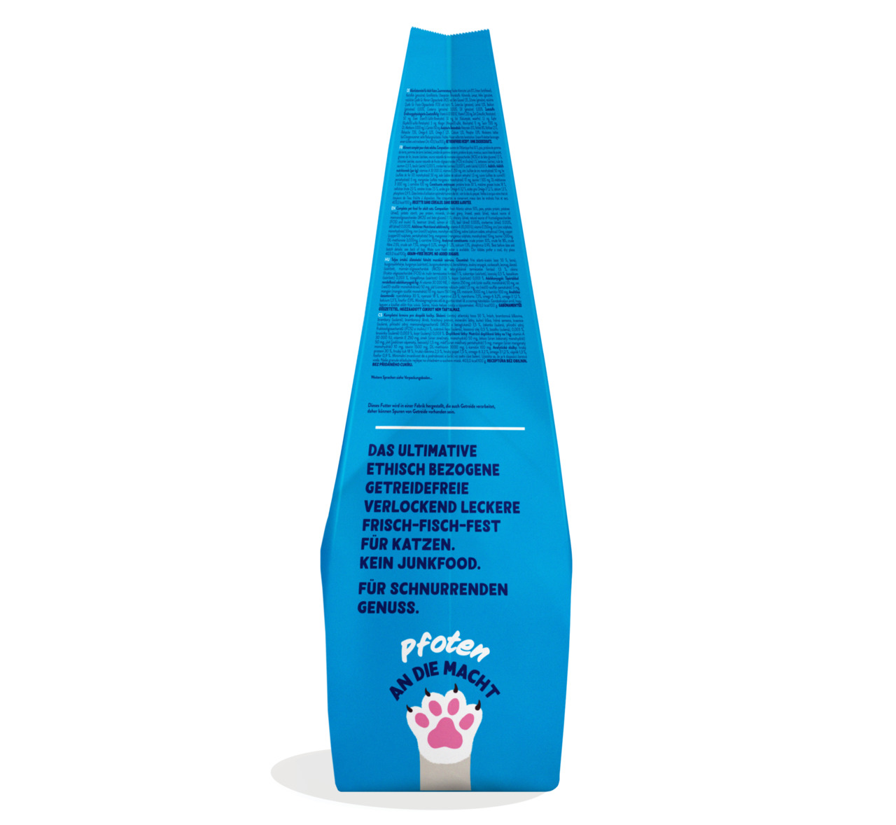 Das Bild zeigt eine blaue Verpackung des Katzenfutters „Edgard & Cooper Frisch-Fisch-Fest“. Die Zielgruppe sind Katzen. Das Produkt ist getreidefrei, ethisch bezogen und enthält frischen Fisch. Es wird als „kein Junkfood“ beworben und verspricht schnurren
