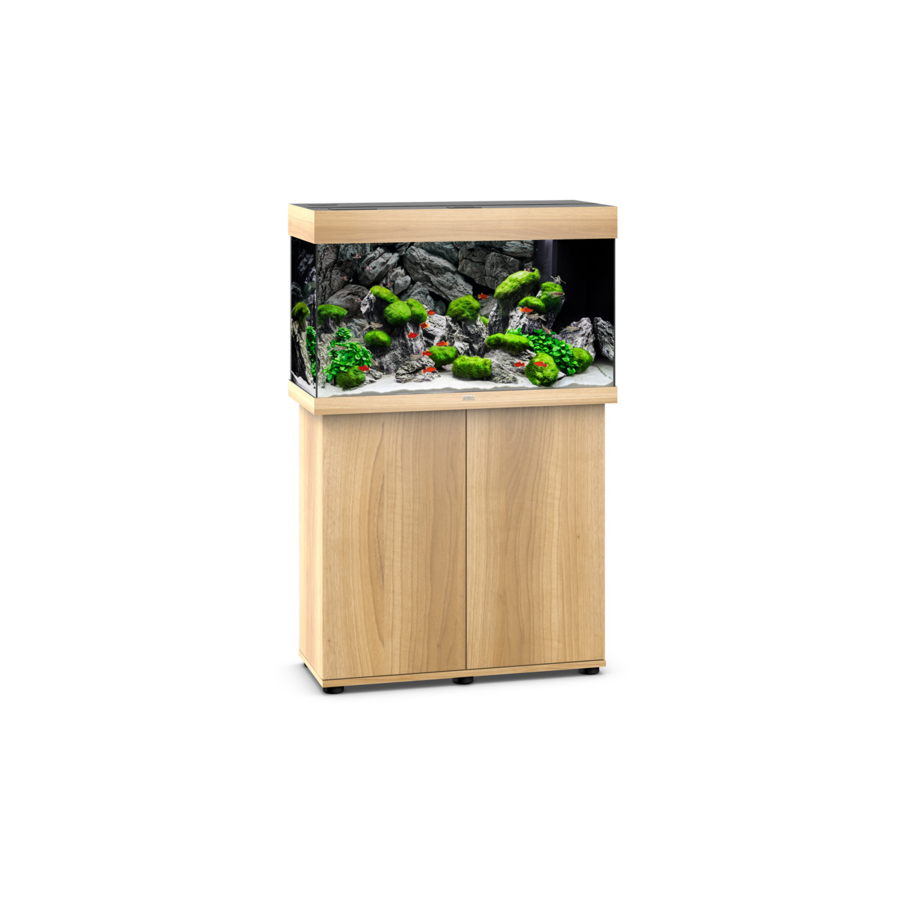 Das Bild zeigt das JUWEL Aquarium Rio 125 mit passendem Unterschrank in heller Holzoptik. Das Aquarium ist für Aquaristik-Enthusiasten geeignet und bietet ein Fassungsvermögen von 125 Litern. Es ist mit einer natürlichen Dekoration aus Steinen, Pflanzen u