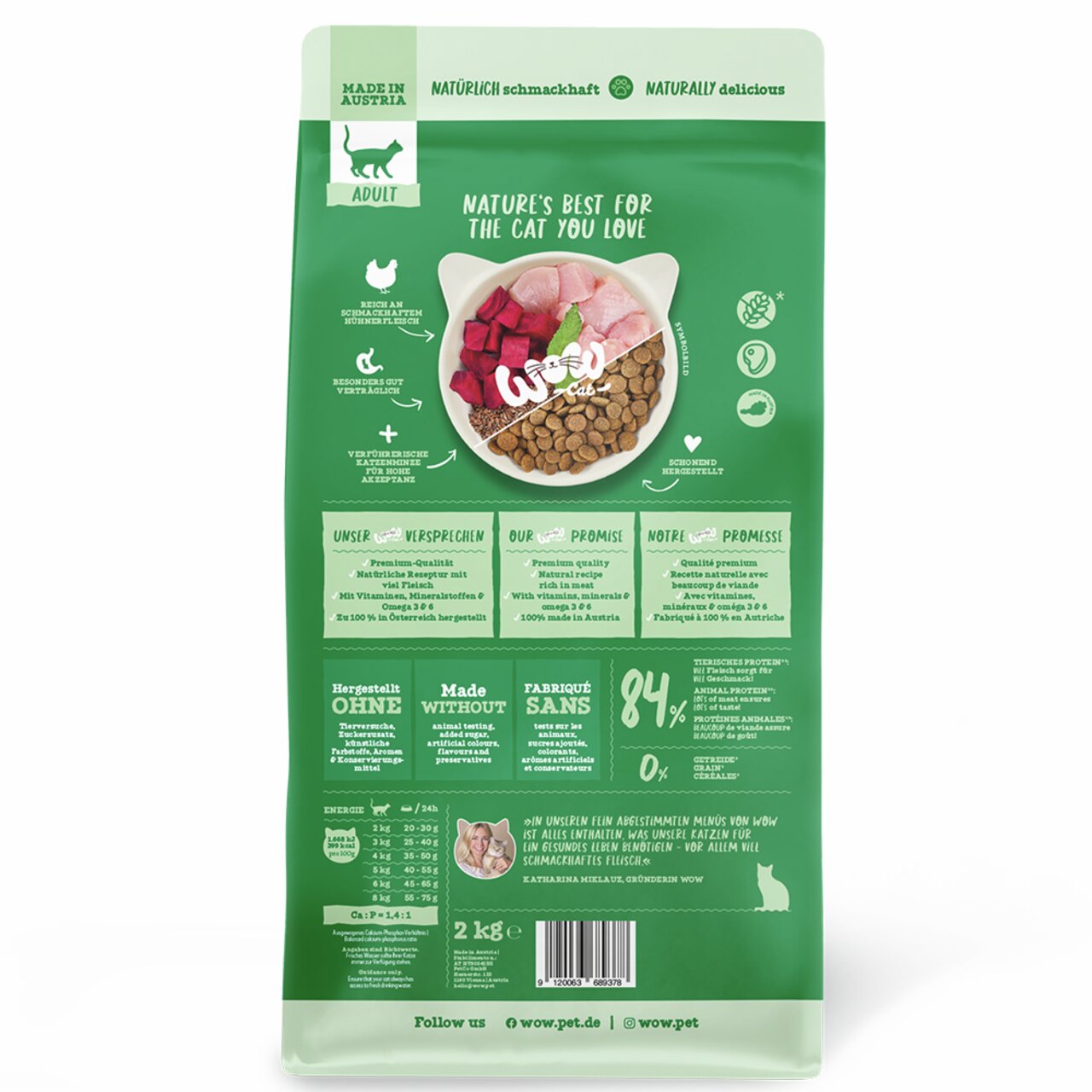 WOW CAT Trockenfutter für erwachsene Katzen, Geschmacksrichtung Geflügel & Rote Bete, 2 kg, 84 % tierisches Protein, hergestellt in Österreich.