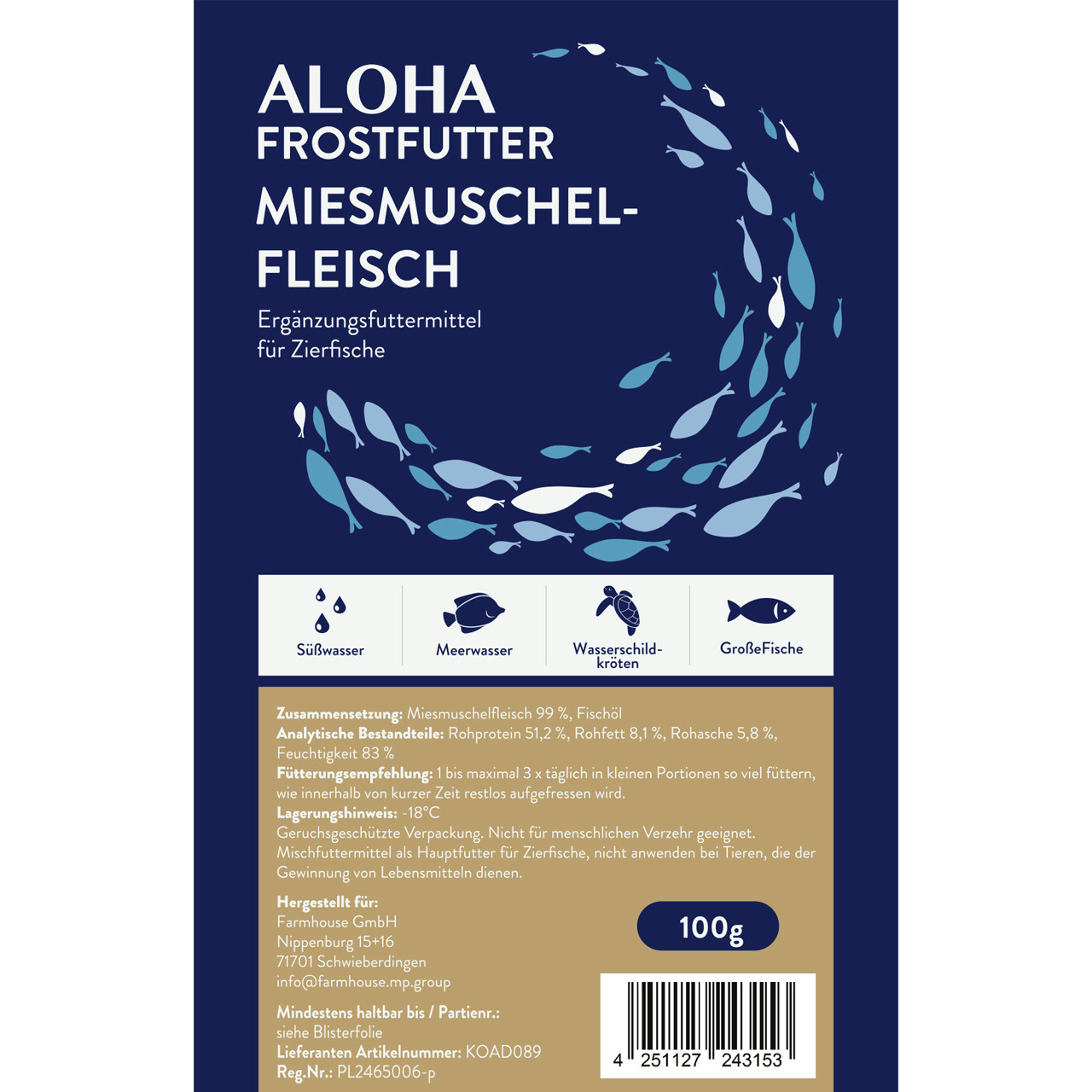 ALOHA Frostfutter Miesmuschelfleisch, Ergänzungsfutter für Zierfische, Süß-/Meerwasserfische & Schildkröten, 100 g tiefgefroren.