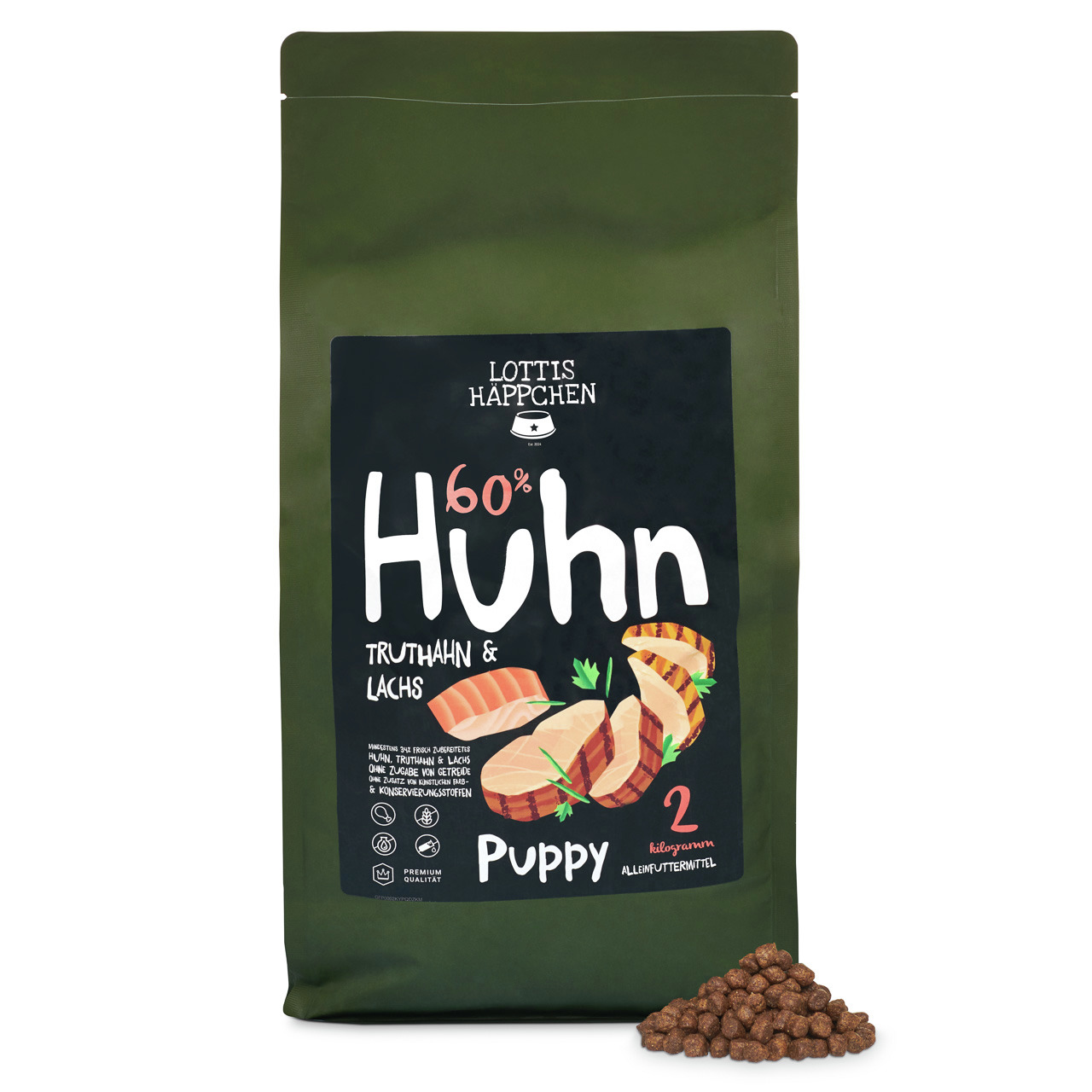 Lottis Häppchen Puppy, 60 % Huhn, Truthahn & Lachs, für Welpen, 2 kg, Premium-Alleinfutter, Kroketten in grüner Verpackung.
