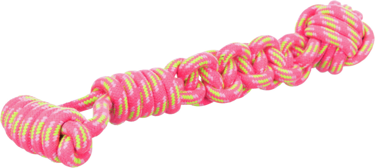 Das Bild zeigt ein robustes Hundespielzeug der Marke TRIXIE, bestehend aus einem geflochtenen Seil in leuchtenden Farben Pink und Gelb. Es ist speziell für Hunde aller Größen geeignet und dient zum Kauen, Ziehen und Spielen. Das langlebige Material förder