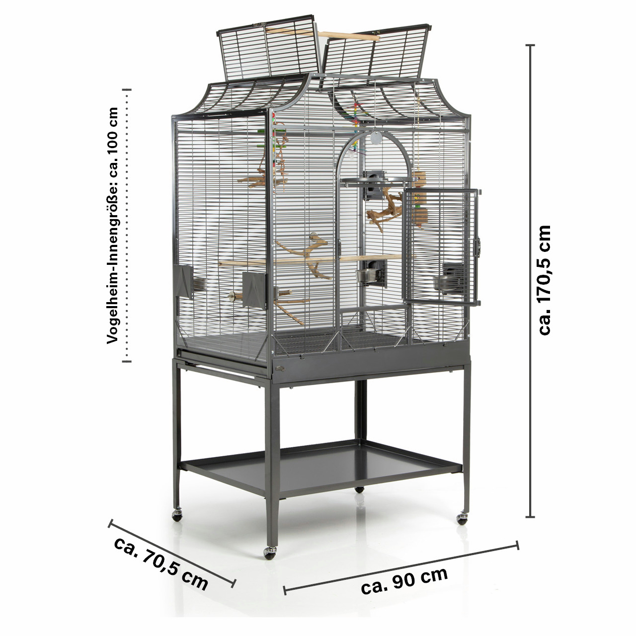 Montana Cages Castell Vogelkäfig, für Papageien & mittelgr. Vögel, robustes Metall, 90x70,5x170,5 cm, mit Sitzstangen & Futterstation.