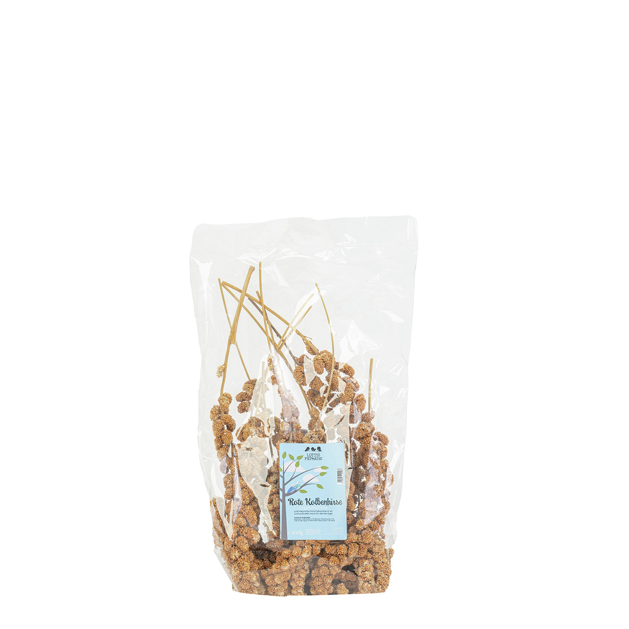 Das Bild zeigt eine transparente Verpackung der Marke "Lottis Piepmätze" mit dem Produkt "Rote Kolbenhirse". Die Zielgruppe sind Ziervögel, und die Geschmacksrichtung ist natürliche Hirse. Die Verpackung enthält 500 g, wie auf dem Etikett zu erkennen ist.