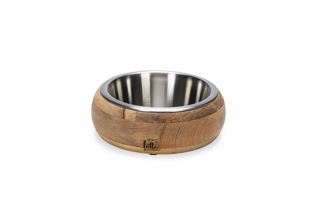 Futternapf „Designed by Lotte“ f. Hunde-Katzen, Holzrahmen m. Edelstahlschale, stilvolles Design, ideal f. Futter-Wasser.