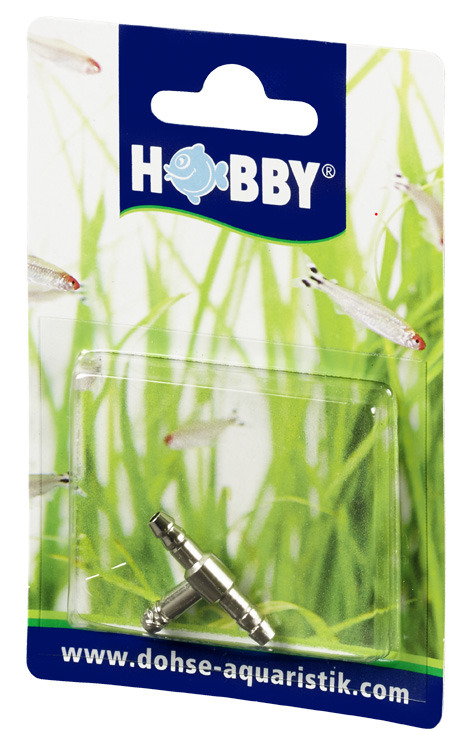 Das Bild zeigt ein Produkt der Marke HOBBY, speziell einen Metall-Rückschlagventil für Aquarien. Zielgruppe sind Aquarienbesitzer, die Wert auf Sicherheit und Qualität legen. Das Ventil verhindert Rückfluss von Wasser in die Luftpumpe. Verpackt in einer B