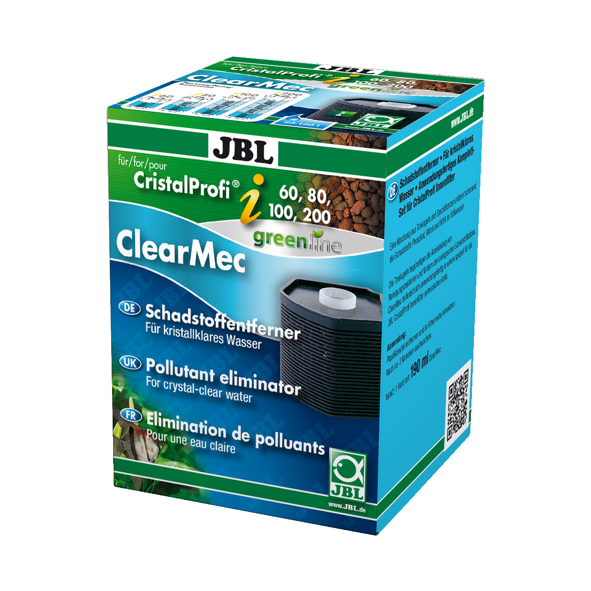 Das Bild zeigt die Verpackung des Produkts JBL CristalProfi i ClearMec greenline, einem Schadstoffentferner für Aquarien. Es ist geeignet für die Modelle CristalProfi i60, i80, i100 und i200. Die Verpackung hebt hervor, dass das Produkt für kristallklares