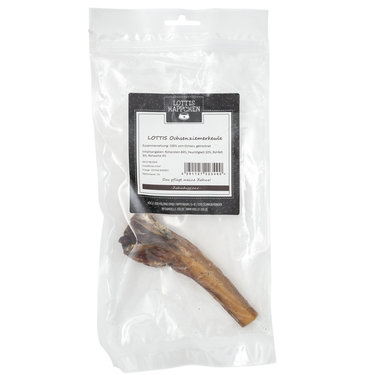 Das Bild zeigt eine transparente Verpackung mit einer getrockneten Ochsenziemerkeule der Marke "Lottis Häppchen". Das Produkt ist ein natürlicher Kausnack für Hunde, bestehend aus 100 % getrocknetem Ochsen. Es fördert die Zahnhygiene und ist ideal für Hun