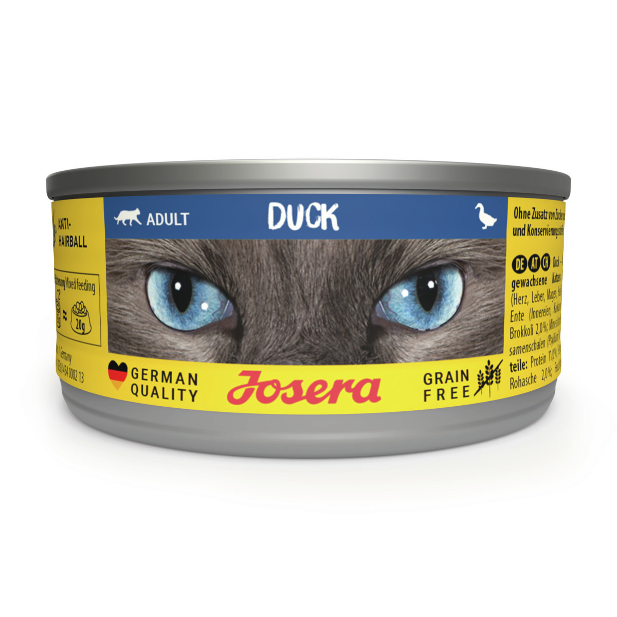 Josera Katzenfutter Adult, Ente, getreidefrei, 85 g, German Quality, blaue Katzenaugen auf Dose.
